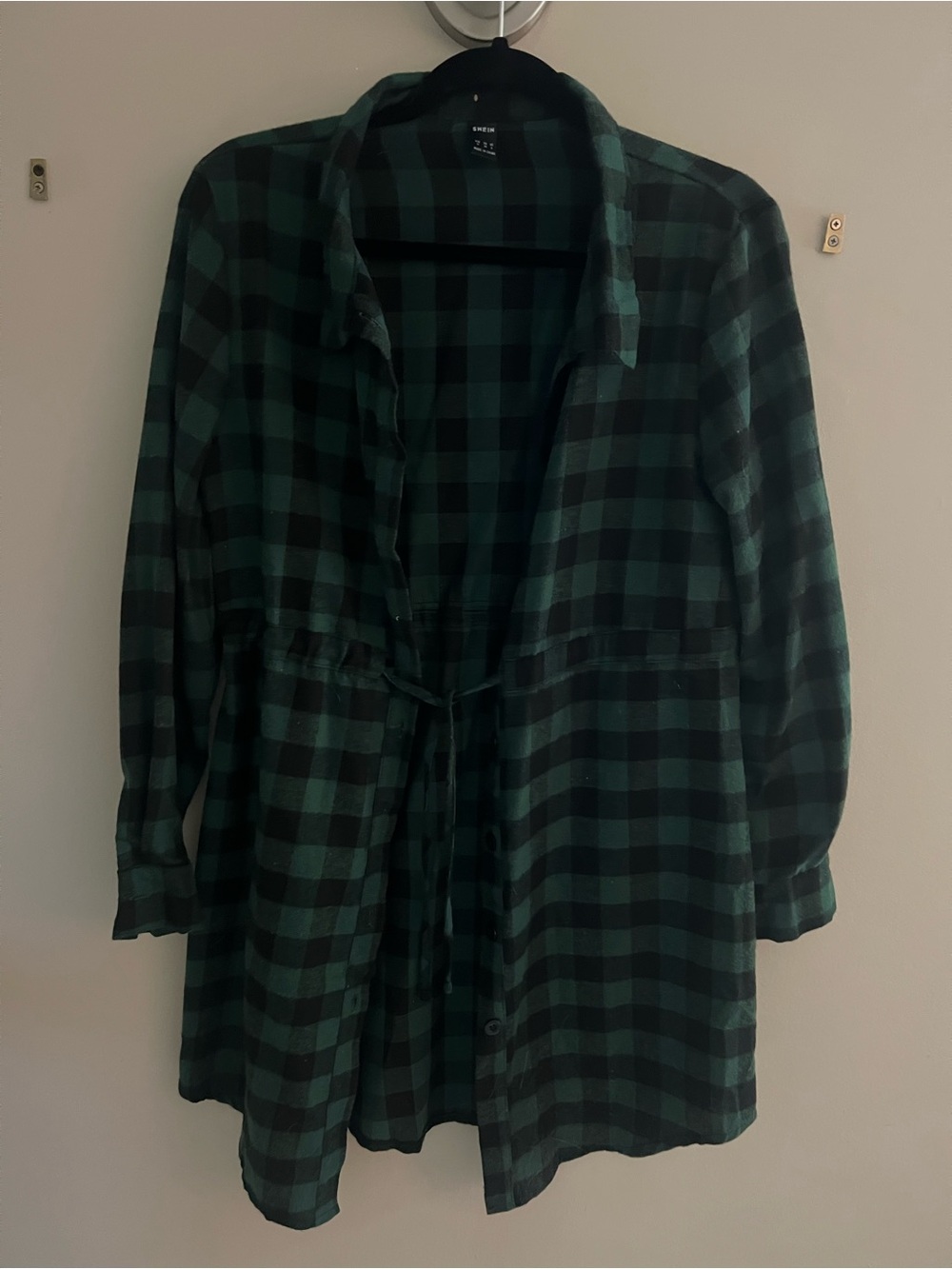 Plaid Drawstring Shirt Jacket - Green/Black